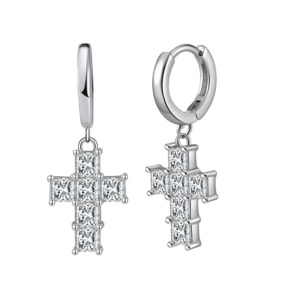 Rhodium Plated RINNTIN LZE13 Women's Fine Fashion Silver 925 Crucifix Shape Drop Earrings Small Hoop New Trendy Cross Jewelry for Parties