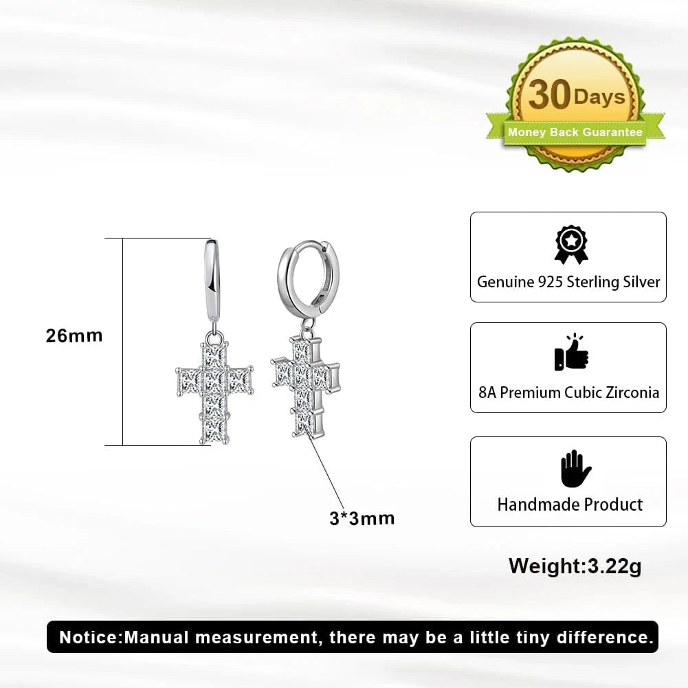 Rhodium Plated RINNTIN LZE13 Women's Fine Fashion Silver 925 Crucifix Shape Drop Earrings Small Hoop New Trendy Cross Jewelry for Parties