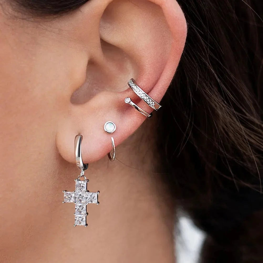 Rhodium Plated RINNTIN LZE13 Women's Fine Fashion Silver 925 Crucifix Shape Drop Earrings Small Hoop New Trendy Cross Jewelry for Parties