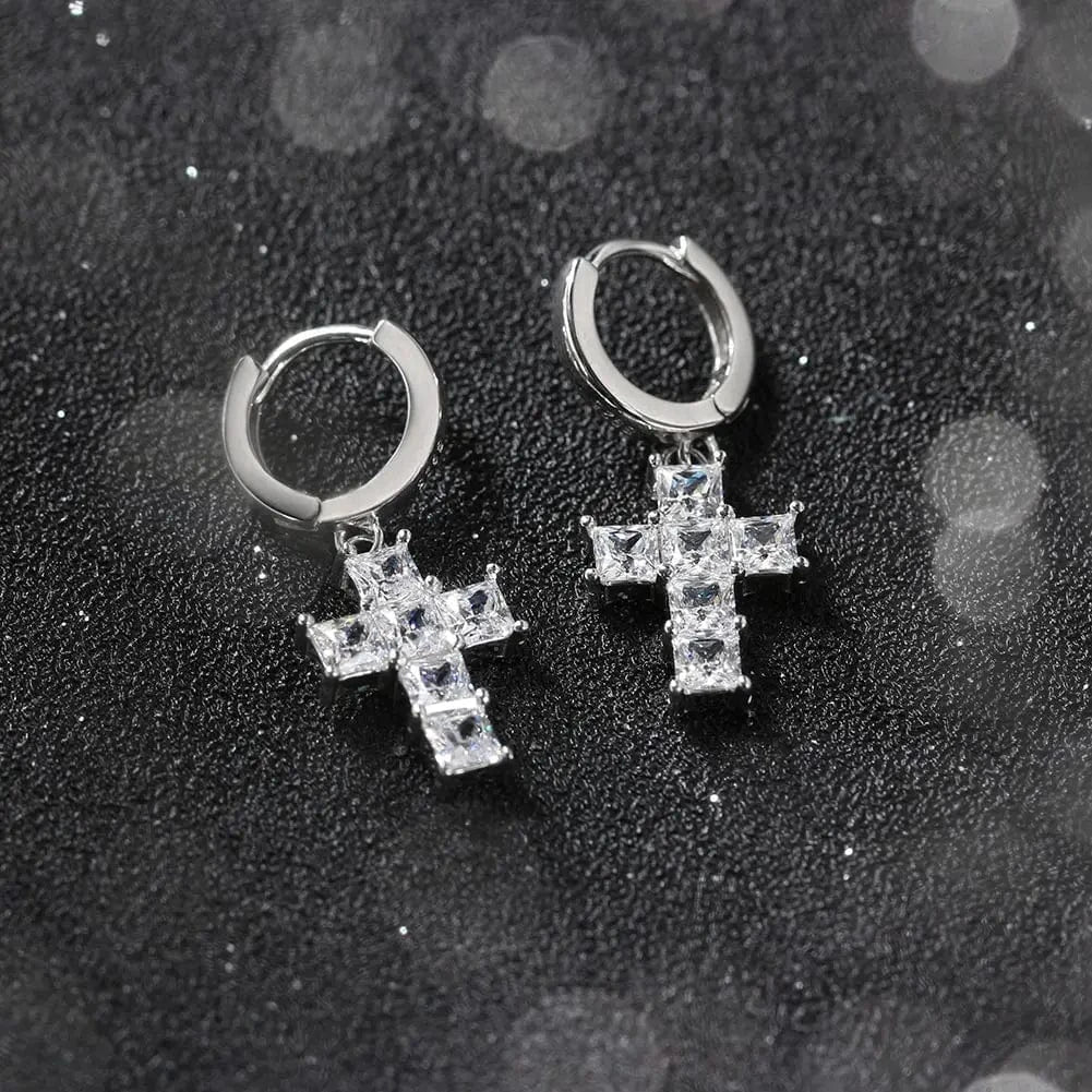 Rhodium Plated RINNTIN LZE13 Women's Fine Fashion Silver 925 Crucifix Shape Drop Earrings Small Hoop New Trendy Cross Jewelry for Parties