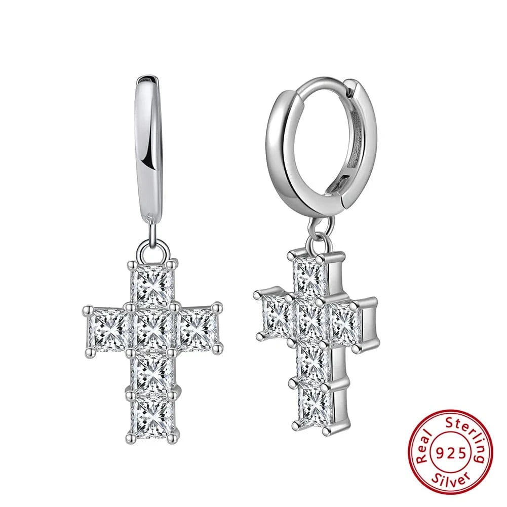 Rhodium Plated RINNTIN LZE13 Women's Fine Fashion Silver 925 Crucifix Shape Drop Earrings Small Hoop New Trendy Cross Jewelry for Parties
