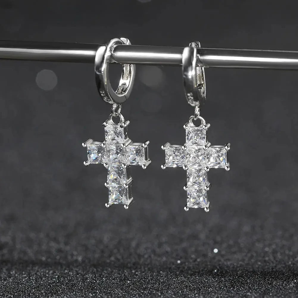 Rhodium Plated RINNTIN LZE13 Women's Fine Fashion Silver 925 Crucifix Shape Drop Earrings Small Hoop New Trendy Cross Jewelry for Parties