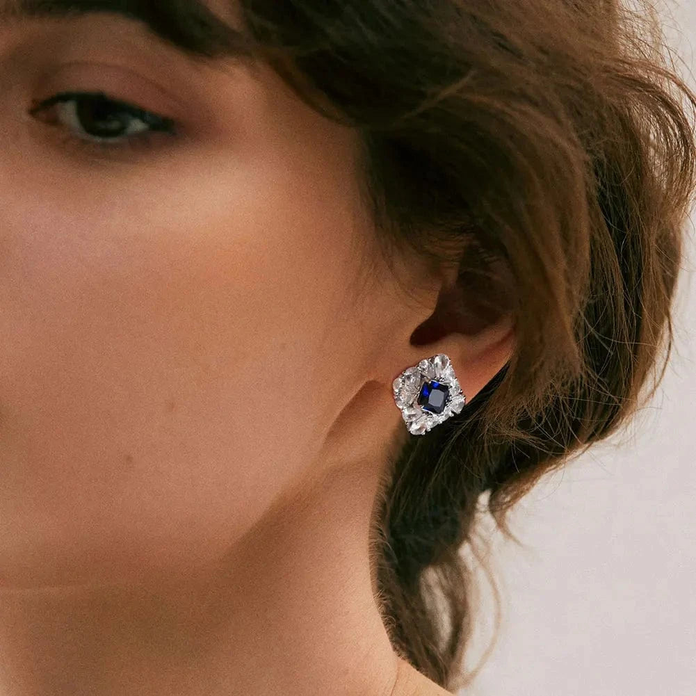 Rhodium Plated RINNTIN LZE20 Factory Wholesale Gemstone 925 Silver Ring Created Sapphire Blue Sparking 5A Zirconia Stud Earrings Silver Jewelry