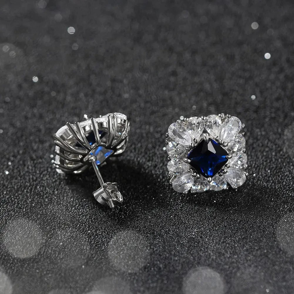 Rhodium Plated RINNTIN LZE20 Factory Wholesale Gemstone 925 Silver Ring Created Sapphire Blue Sparking 5A Zirconia Stud Earrings Silver Jewelry