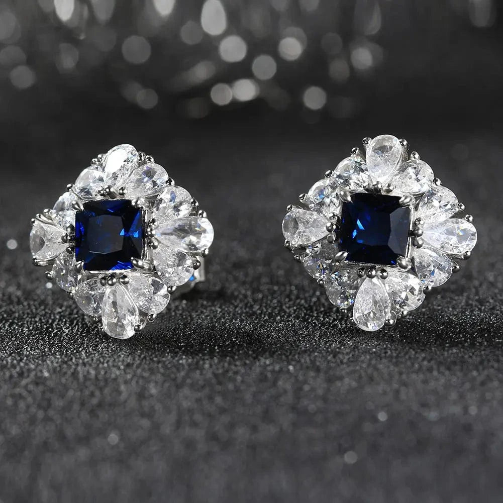 Rhodium Plated RINNTIN LZE20 Factory Wholesale Gemstone 925 Silver Ring Created Sapphire Blue Sparking 5A Zirconia Stud Earrings Silver Jewelry