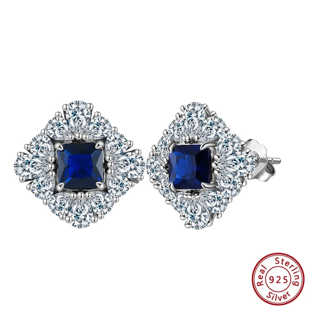 Rhodium Plated RINNTIN LZE20 Factory Wholesale Gemstone 925 Silver Ring Created Sapphire Blue Sparking 5A Zirconia Stud Earrings Silver Jewelry