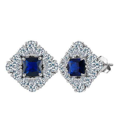 Rhodium Plated RINNTIN LZE20 Factory Wholesale Gemstone 925 Silver Ring Created Sapphire Blue Sparking 5A Zirconia Stud Earrings Silver Jewelry