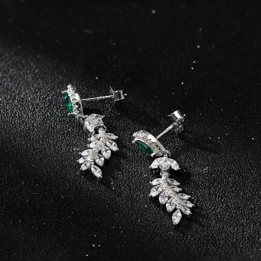 Rhodium Plated RINNTIN LZE27 Earrings Jewelry Women Wholesale Dainty Sterling Silver Created Emerald 8A Zirconia Feather Dangle Stud Earrings