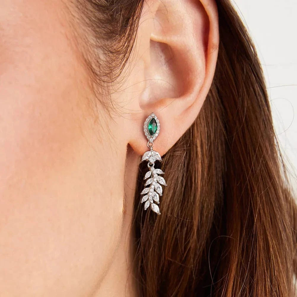 Rhodium Plated RINNTIN LZE27 Earrings Jewelry Women Wholesale Dainty Sterling Silver Created Emerald 8A Zirconia Feather Dangle Stud Earrings