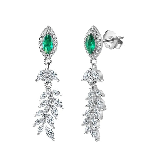Rhodium Plated RINNTIN LZE27 Earrings Jewelry Women Wholesale Dainty Sterling Silver Created Emerald 8A Zirconia Feather Dangle Stud Earrings