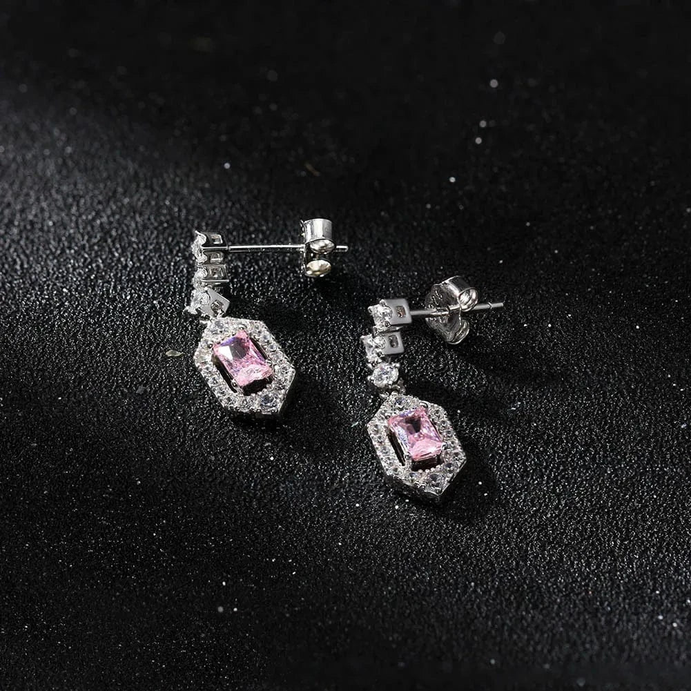 Rhodium Plated RINNTIN LZE28 High Quality Luxury Emerald Square Pink 8A CZ Crystal Drop Diamonds Dangle Earrings Brazil Jewelry Silver Earrings