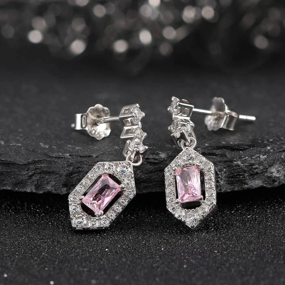 Rhodium Plated RINNTIN LZE28 High Quality Luxury Emerald Square Pink 8A CZ Crystal Drop Diamonds Dangle Earrings Brazil Jewelry Silver Earrings