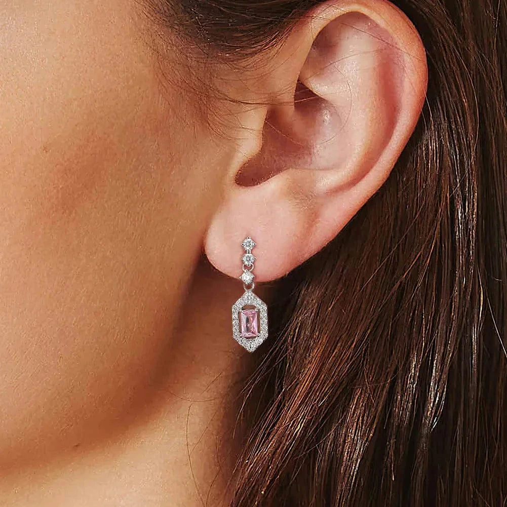 Rhodium Plated RINNTIN LZE28 High Quality Luxury Emerald Square Pink 8A CZ Crystal Drop Diamonds Dangle Earrings Brazil Jewelry Silver Earrings