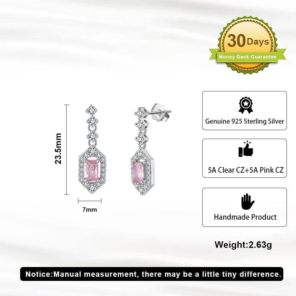 Rhodium Plated RINNTIN LZE28 High Quality Luxury Emerald Square Pink 8A CZ Crystal Drop Diamonds Dangle Earrings Brazil Jewelry Silver Earrings
