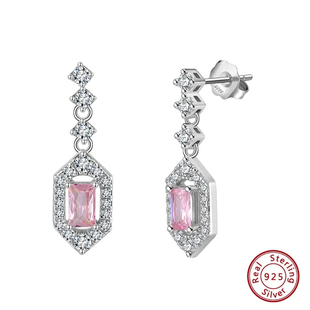 Rhodium Plated RINNTIN LZE28 High Quality Luxury Emerald Square Pink 8A CZ Crystal Drop Diamonds Dangle Earrings Brazil Jewelry Silver Earrings