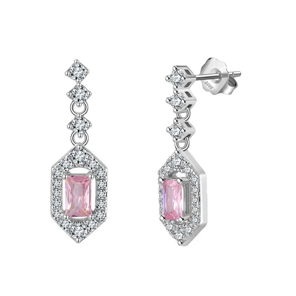 Rhodium Plated RINNTIN LZE28 High Quality Luxury Emerald Square Pink 8A CZ Crystal Drop Diamonds Dangle Earrings Brazil Jewelry Silver Earrings