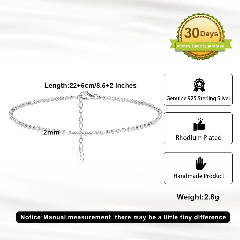 Rhodium Plated RINNTIN SA42 Real 925 Sterling Silver Ball Bead Chain Anklet Beach Adjustable Chain Anklet Foot Jewelry