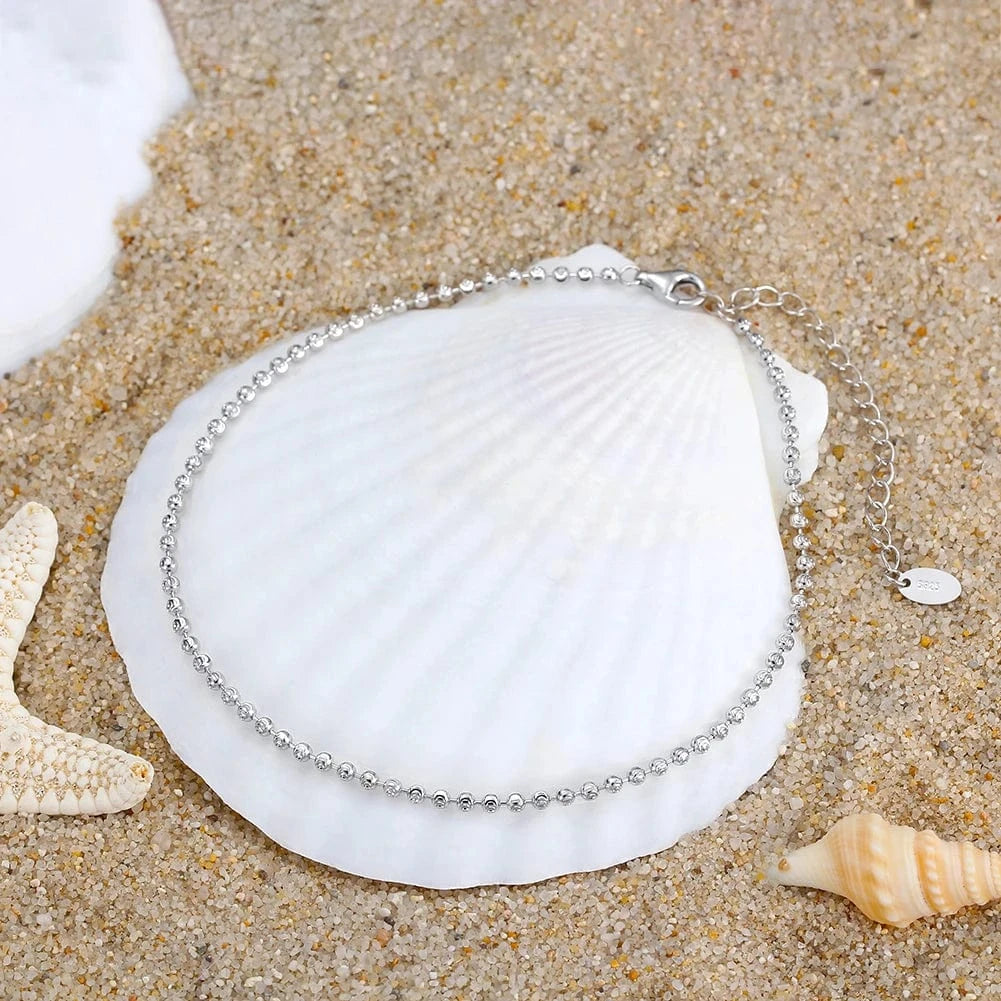 Rhodium Plated RINNTIN SA42 Real 925 Sterling Silver Ball Bead Chain Anklet Beach Adjustable Chain Anklet Foot Jewelry