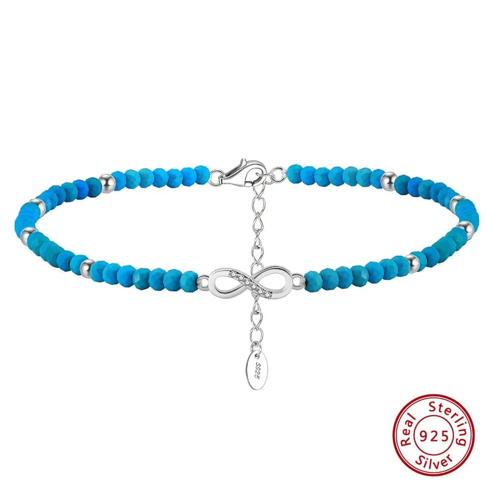 Rhodium Plated RINNTIN SA87 Summer Foot Jewelry Gemstone Bead Turquoise Sterling Silver Ankle Bracelet Eight Charms Ankle Bracelet Infinity