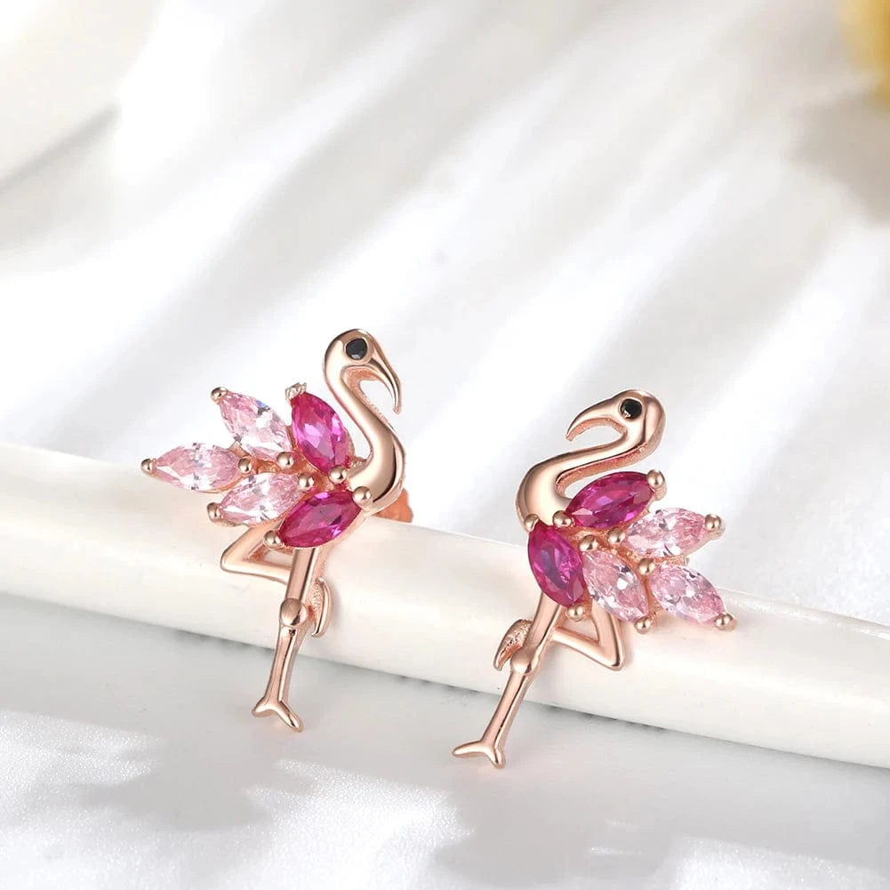 Rhodium Plated RINNTIN SE164 Wholesale Rose gold Plated 925 Sterling Silver CZ Cute Flamingo Earring Ear Stud for Women Piercing Jewelry