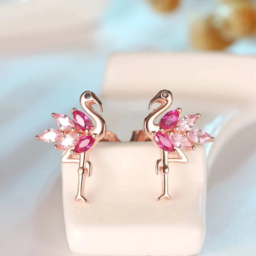 Rhodium Plated RINNTIN SE164 Wholesale Rose gold Plated 925 Sterling Silver CZ Cute Flamingo Earring Ear Stud for Women Piercing Jewelry