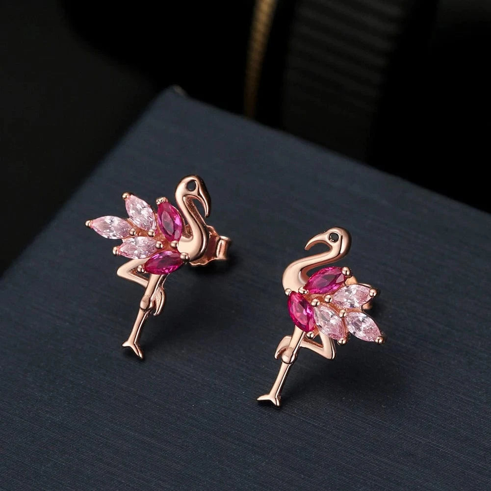 Rhodium Plated RINNTIN SE164 Wholesale Rose gold Plated 925 Sterling Silver CZ Cute Flamingo Earring Ear Stud for Women Piercing Jewelry