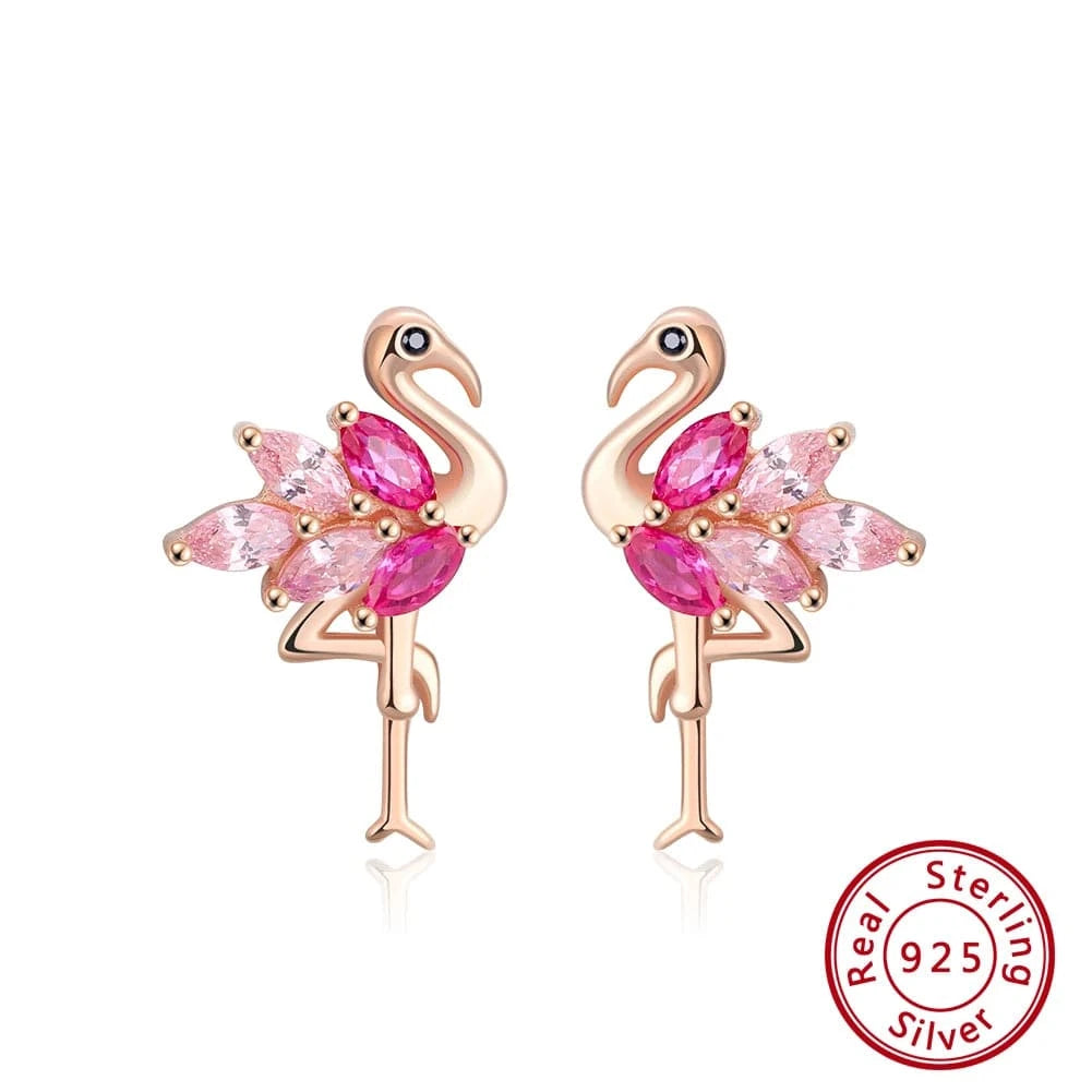 Rhodium Plated RINNTIN SE164 Wholesale Rose gold Plated 925 Sterling Silver CZ Cute Flamingo Earring Ear Stud for Women Piercing Jewelry
