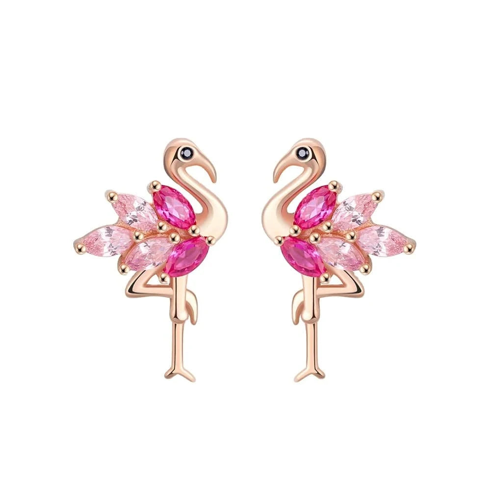 Rhodium Plated RINNTIN SE164 Wholesale Rose gold Plated 925 Sterling Silver CZ Cute Flamingo Earring Ear Stud for Women Piercing Jewelry