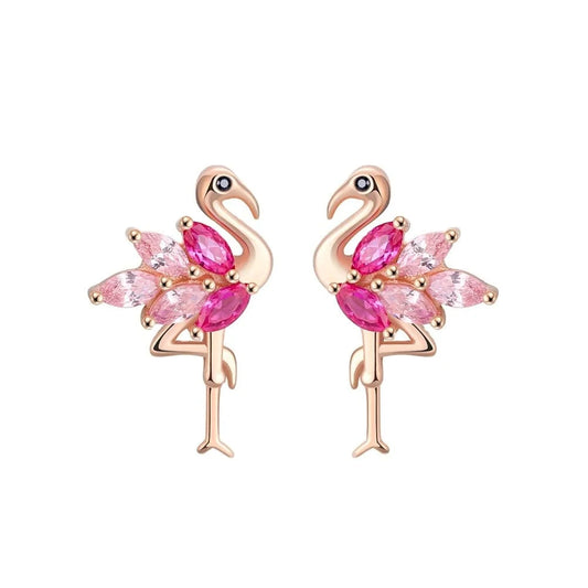 Rhodium Plated RINNTIN SE164 Wholesale Rose gold Plated 925 Sterling Silver CZ Cute Flamingo Earring Ear Stud for Women Piercing Jewelry
