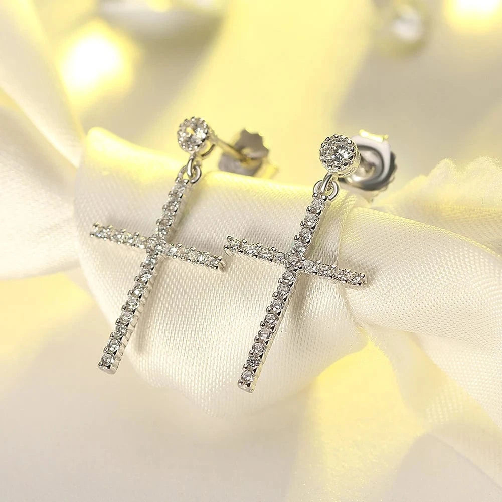 Rhodium Plated RINNTIN SE37 Wholesale Rhodium Plated 925 Sterling Silver CZ Jesus Cross Earring Ear Drop for Women Piercing Jewelry