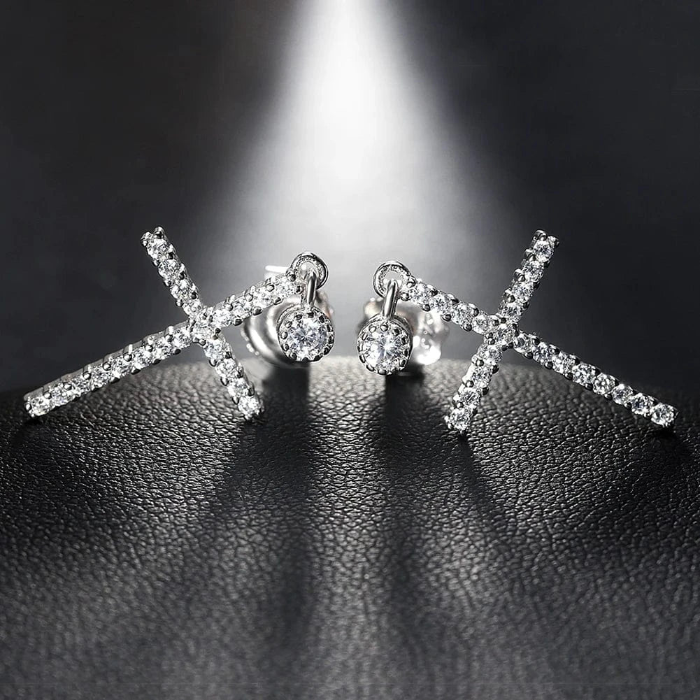 Rhodium Plated RINNTIN SE37 Wholesale Rhodium Plated 925 Sterling Silver CZ Jesus Cross Earring Ear Drop for Women Piercing Jewelry