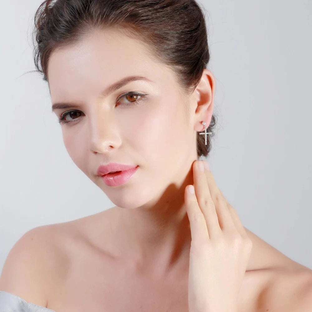 Rhodium Plated RINNTIN SE37 Wholesale Rhodium Plated 925 Sterling Silver CZ Jesus Cross Earring Ear Drop for Women Piercing Jewelry