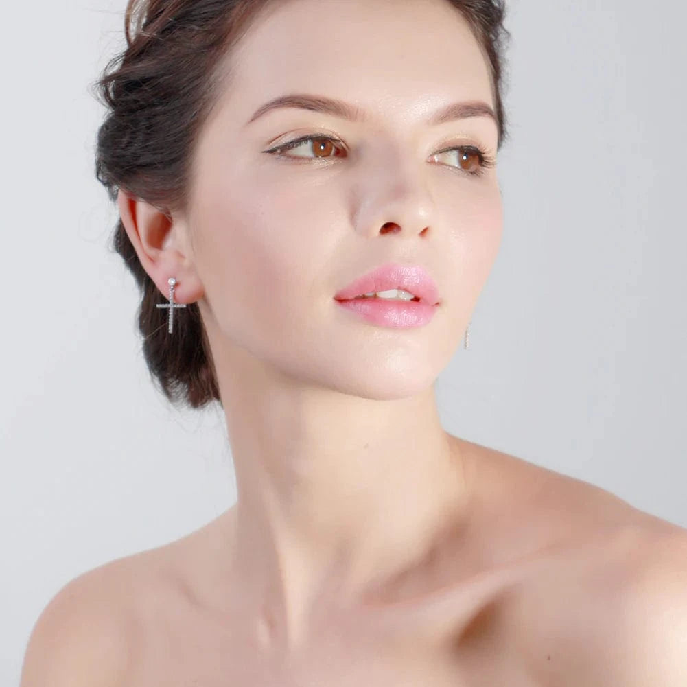 Rhodium Plated RINNTIN SE37 Wholesale Rhodium Plated 925 Sterling Silver CZ Jesus Cross Earring Ear Drop for Women Piercing Jewelry