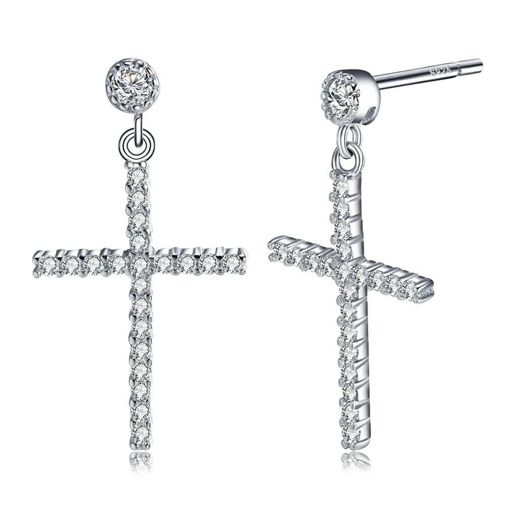 Rhodium Plated RINNTIN SE37 Wholesale Rhodium Plated 925 Sterling Silver CZ Jesus Cross Earring Ear Drop for Women Piercing Jewelry