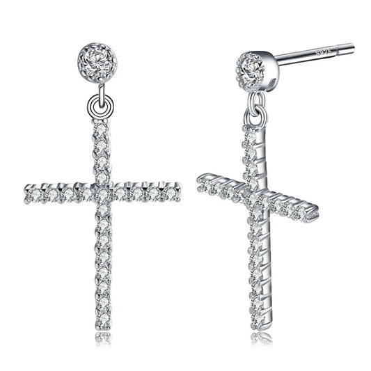 Rhodium Plated RINNTIN SE37 Wholesale Rhodium Plated 925 Sterling Silver CZ Jesus Cross Earring Ear Drop for Women Piercing Jewelry