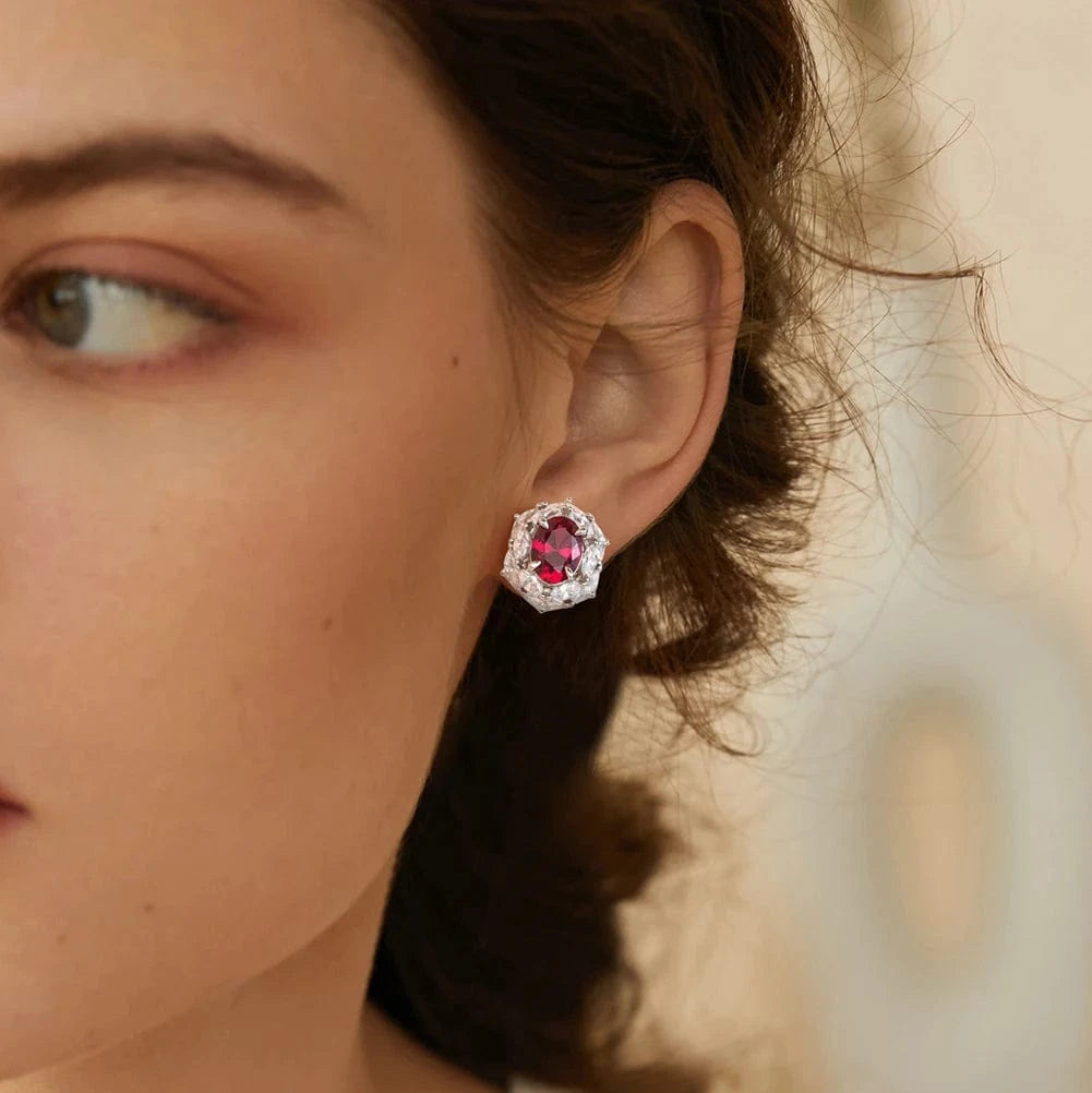 Rhodium Plated RINTINN LZE04 Factory Hypoallergenic Stud Earring Jewelry Created Ruby Cubic Zirconia 925 Sterling Silver Earrings for Women