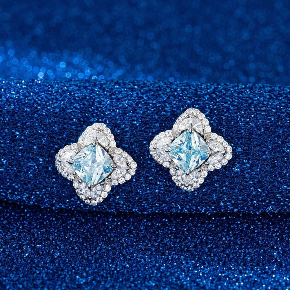 Rhodium Plated RINTINN LZE09 925 Silver Flower Stud Earrings Hypoallergenic Created Aquamarine Cubic Zirconia Earrings Women Party Fine Jewelry
