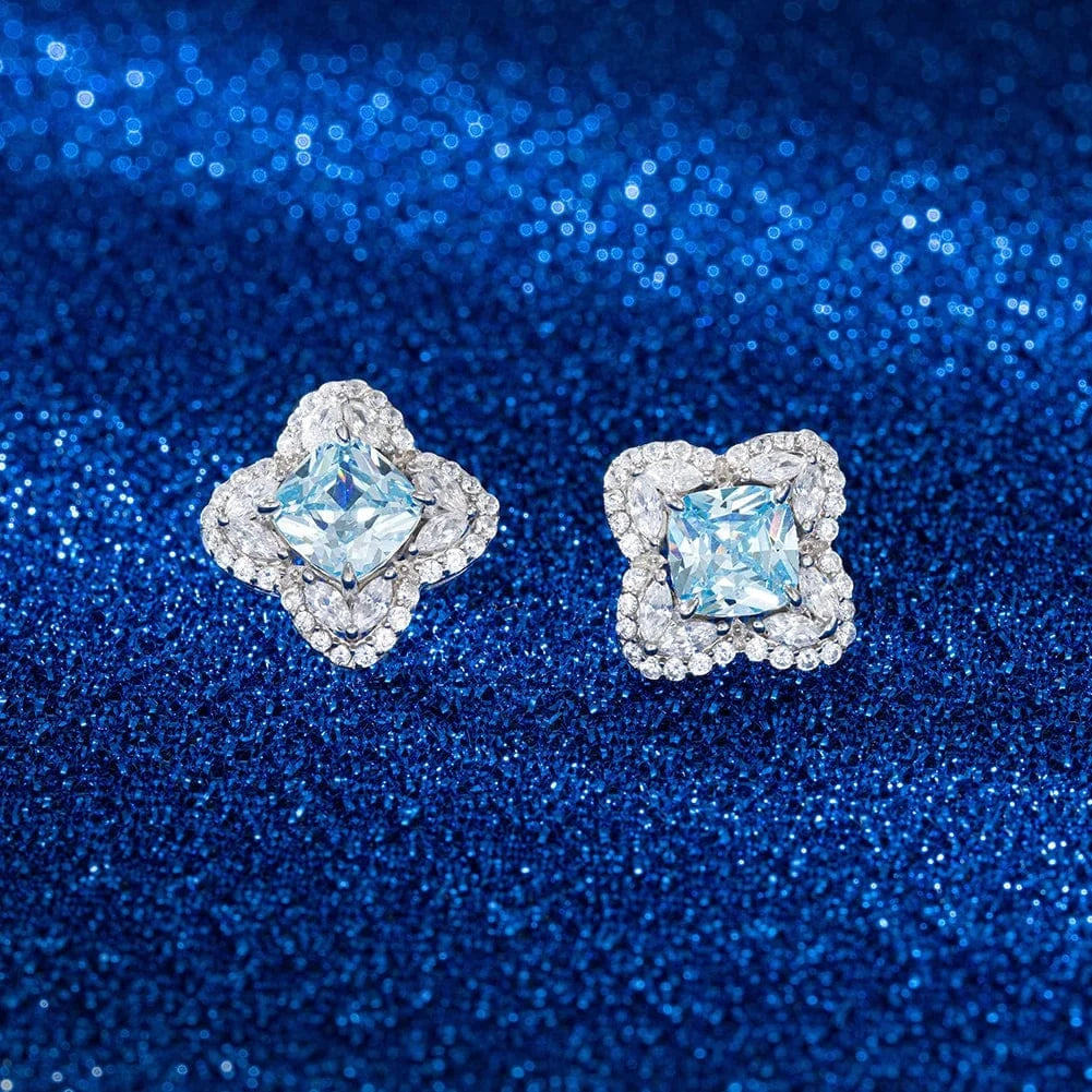 Rhodium Plated RINTINN LZE09 925 Silver Flower Stud Earrings Hypoallergenic Created Aquamarine Cubic Zirconia Earrings Women Party Fine Jewelry