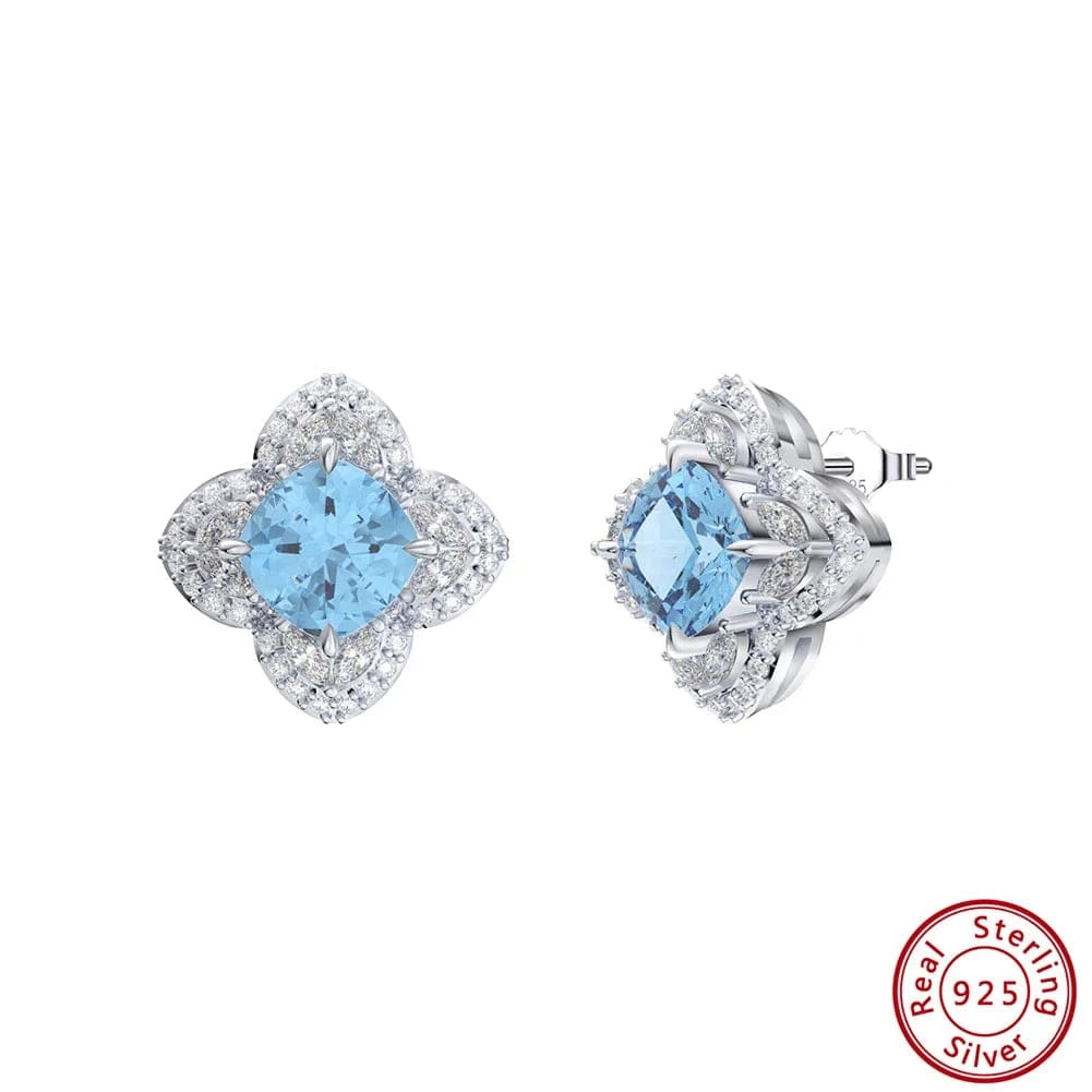 Rhodium Plated RINTINN LZE09 925 Silver Flower Stud Earrings Hypoallergenic Created Aquamarine Cubic Zirconia Earrings Women Party Fine Jewelry