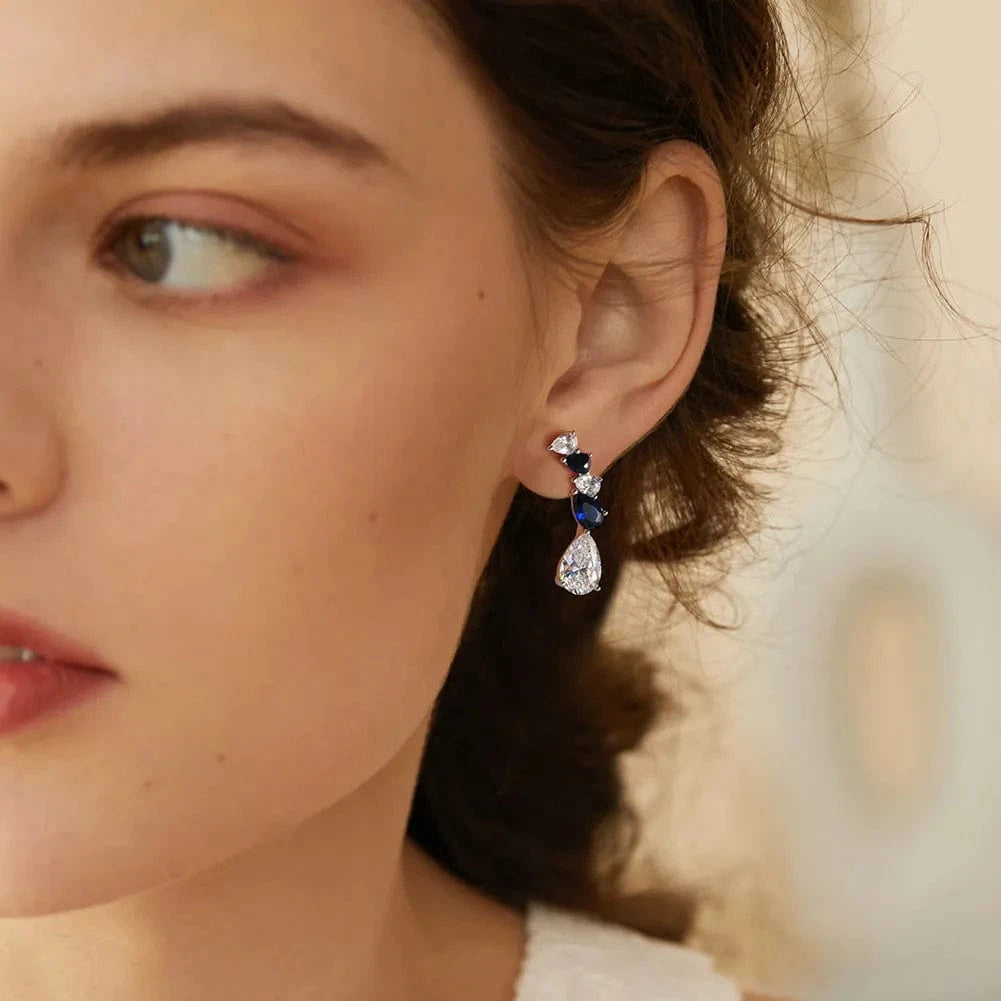 Rhodium Plated RINTINN LZE11 S925 Sterling Silver Stud Earrings 8A Paraiba Water Drop Zircon Inlaid High-grade Design Luxury Style Earrings