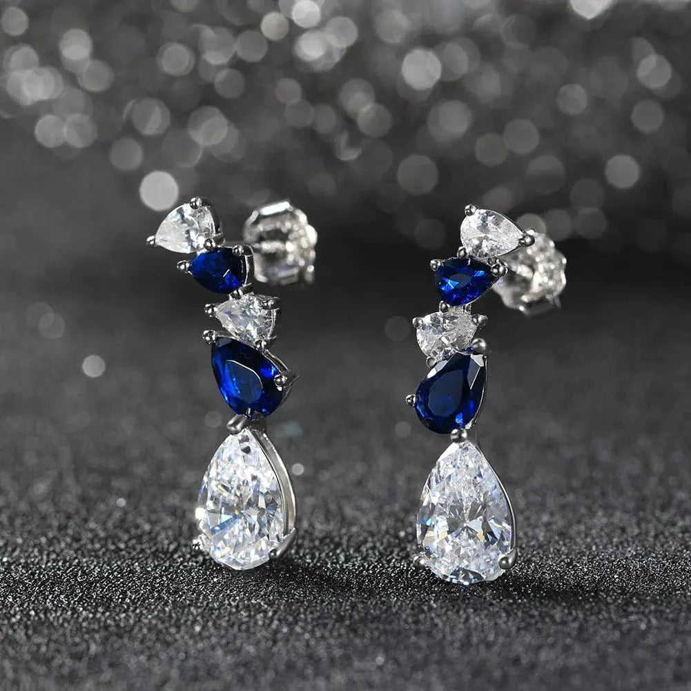 Rhodium Plated RINTINN LZE11 S925 Sterling Silver Stud Earrings 8A Paraiba Water Drop Zircon Inlaid High-grade Design Luxury Style Earrings