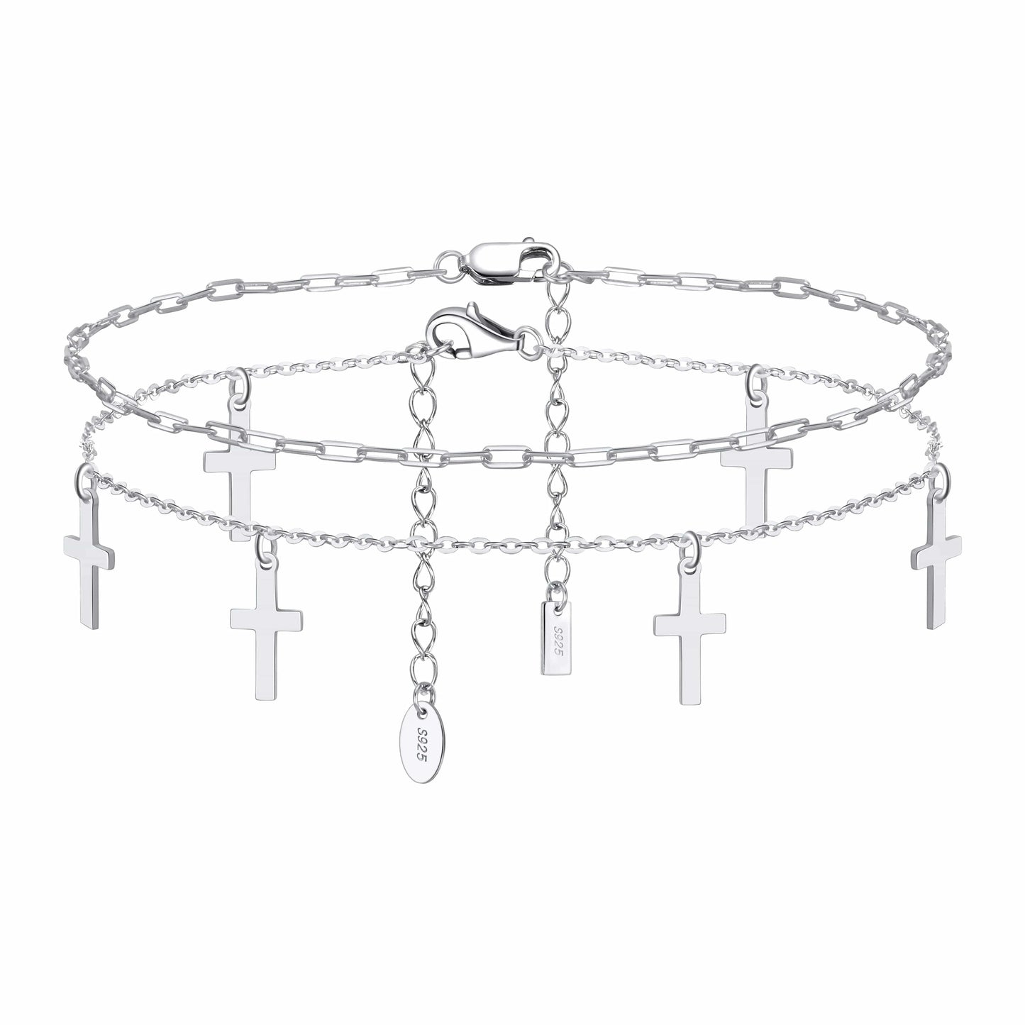 Rhodium Plated SSA22+28 RINNTIN Summer Beach Foot Jewelry 925 Silver 14K Gold Plated Dainty Cross Charm Chain Layered Anklets for Women