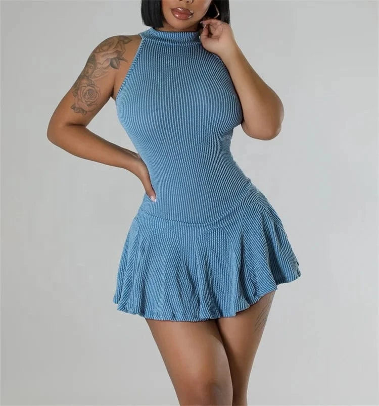 Ribbed Ruffles Fitness Women Mini Dress Solid Sleeveless Mock Neck Dress 2024 Summer Popular Streetwear Sexy Club Party Dress