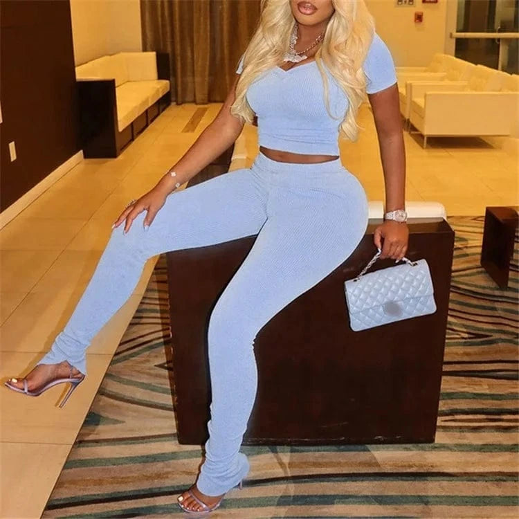 Ribbed Sloid Color Two Piece Set V Neck Top And Pants Sets Comfy Summer Clothes For Women 2024 Casual Outfit