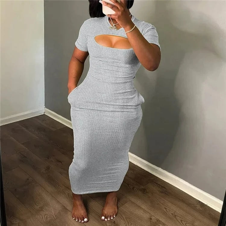 Ribbed Solid O Neck Short Sleeve Hollow Out Sexy Slim Elegant Maxi Dress Women Party Birthday Club Outfits