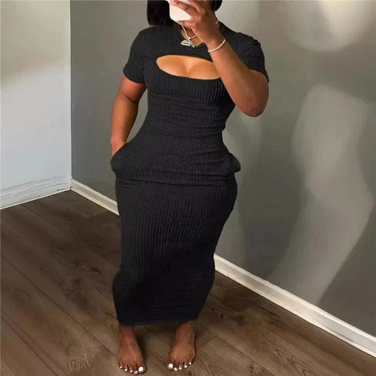 Ribbed Solid O Neck Short Sleeve Hollow Out Sexy Slim Elegant Maxi Dress Women Party Birthday Club Outfits