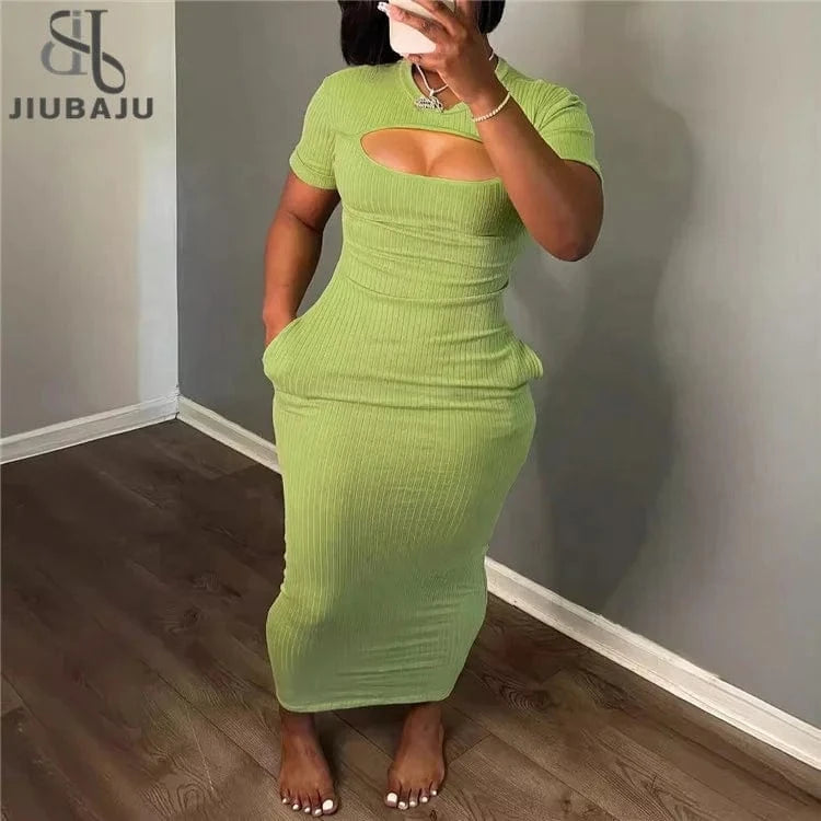 Ribbed Solid O Neck Short Sleeve Hollow Out Sexy Slim Elegant Maxi Dress Women Party Birthday Club Outfits