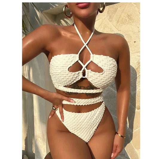 Ribbed Two Piece Swimsuit Women White Bikini Set 2024 Summer Sexy High Waist Swimwear Bandeau Bandage Banthing Suit