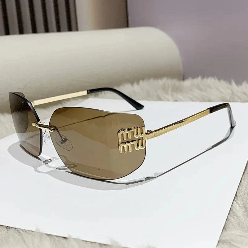 rimless sunglasses / Gold / Brown 2024 New Arrival Trendy Gold Metal  conjoined rectangular  Sun glasses Y2K  Wholesale fashion rimless Sunglasses