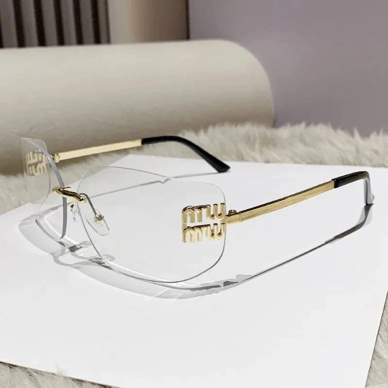 rimless sunglasses / Gold / transparent 2024 New Arrival Trendy Gold Metal  conjoined rectangular  Sun glasses Y2K  Wholesale fashion rimless Sunglasses